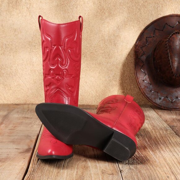 Women's Red Pointed Toe Pull On Wide Calf PU Chunky Low heel Cowgirl Boots - Picture 5 of 7